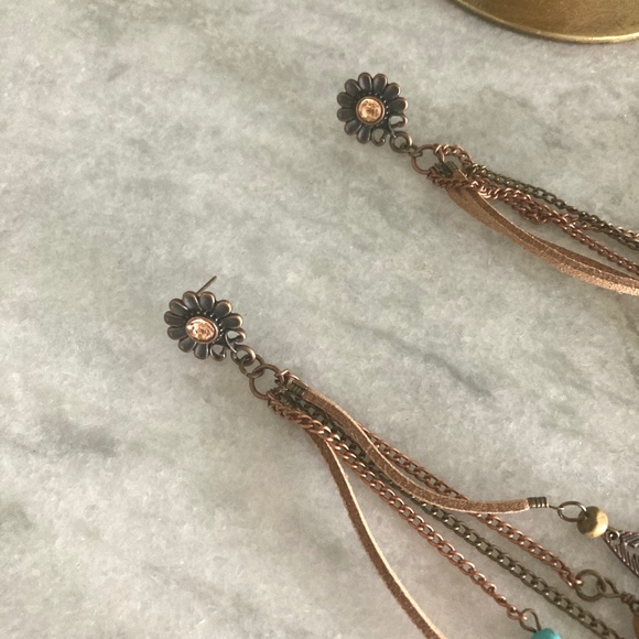 Leather Tassel Shell and Feather Boho Turquoise Earrings - Picture 7 of 7